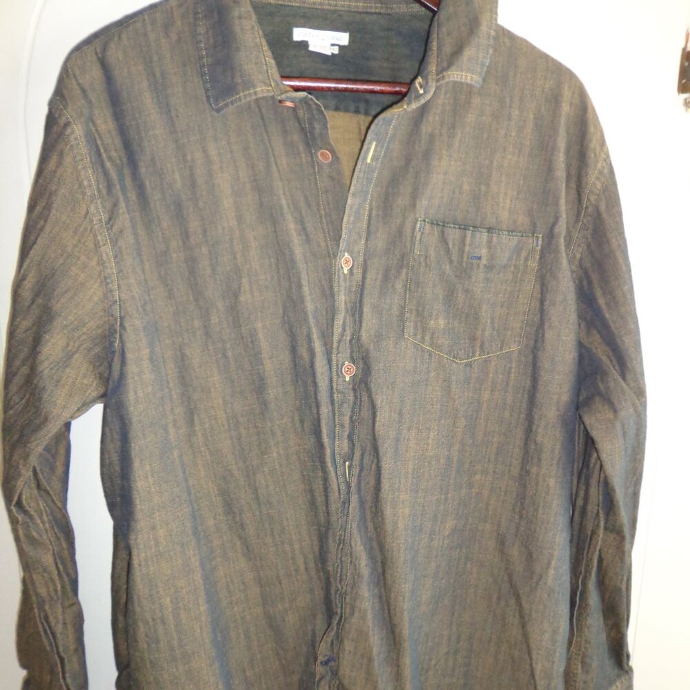 NWOT Carbon2Cobalt Men's Button Down Shirt L Denim/Golden Blend Open Pocket
